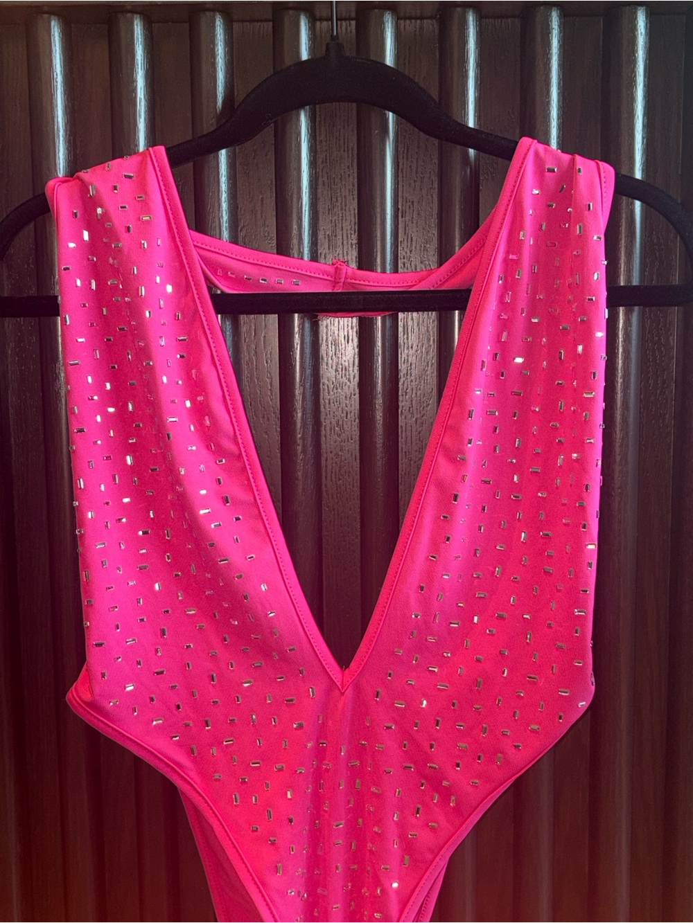 Studded Hot Pink Deep V Sleeveless Bodysuit - Picture 2 of 8
